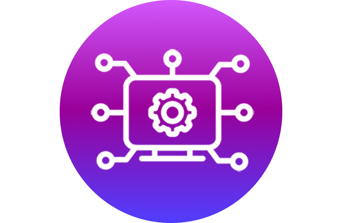Icon showing a computer screen with a gear and connected nodes, representing data insights and analytics.