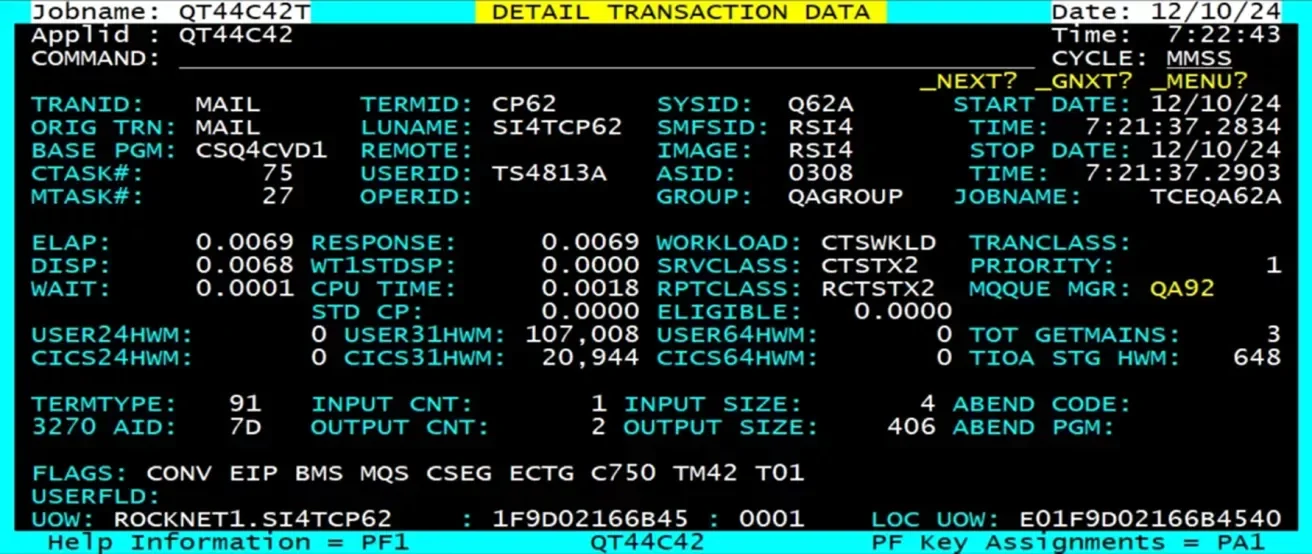 TMON for CICS mainframe dashboard showing performance metrics, transaction details, and resource usage in a green-on-black terminal screen.”