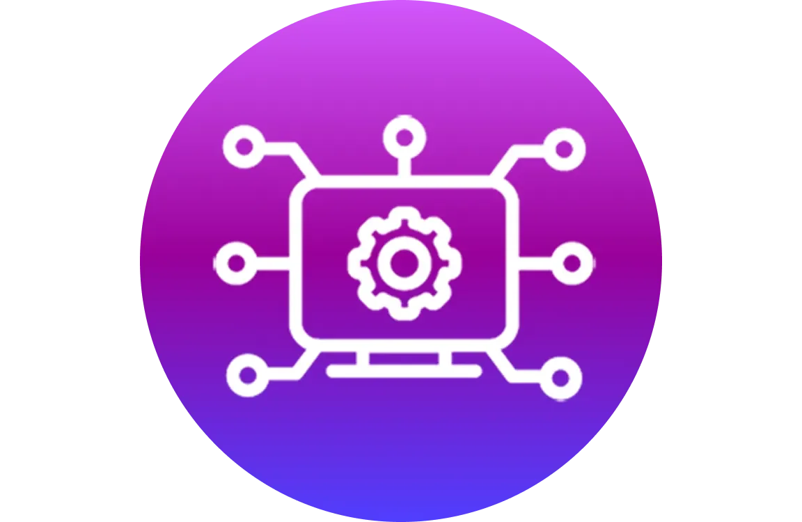 Icon showing a computer screen with a gear and connected nodes, representing data insights and analytics.
