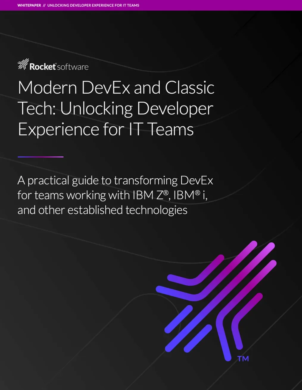 Cover image of the guide “Modern DevEx and Classic Tech: Unlocking Developer Experience for IT Teams” by Rocket Software.